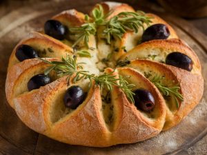 Recette : fougasse traditionnelle aux olives et herbes de Provence.