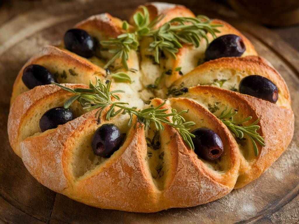 Recette : fougasse traditionnelle aux olives et herbes de Provence.